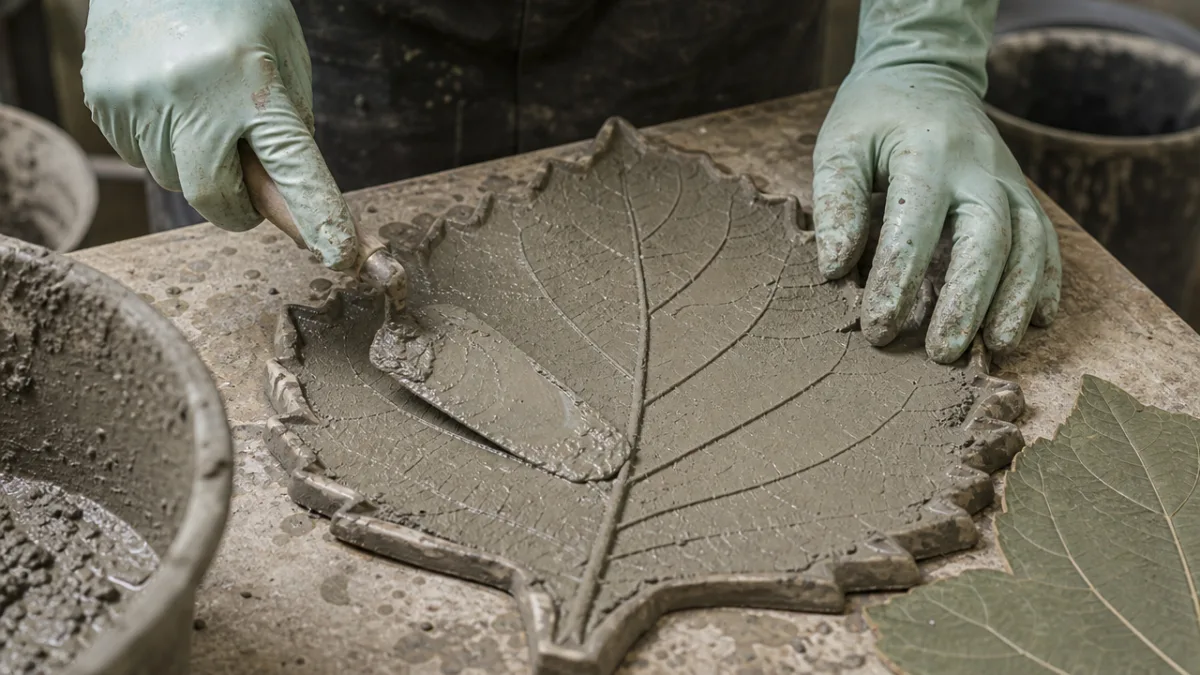 hands in rubber gloves spreading gray concrete mix over a leaf mold,…