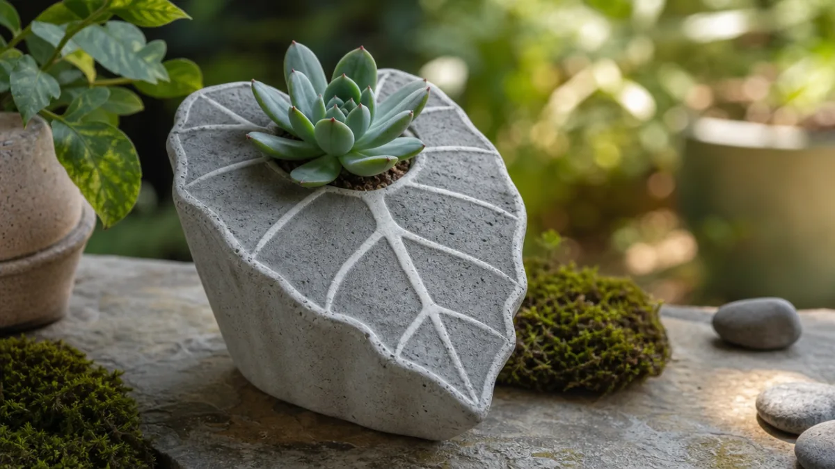 a finished Alocasia leaf concrete planter with a small succulent inside, soft…