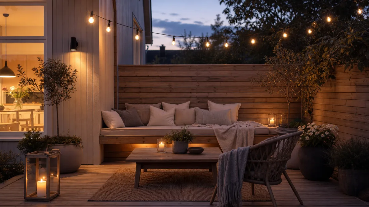 a cozy scandinavian outdoor living space at dusk with string lights glowing…