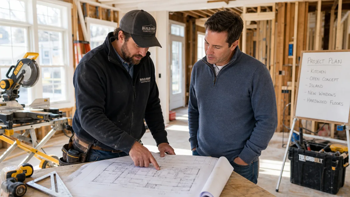 a contractor and homeowner reviewing renovation plans on a construction site with…