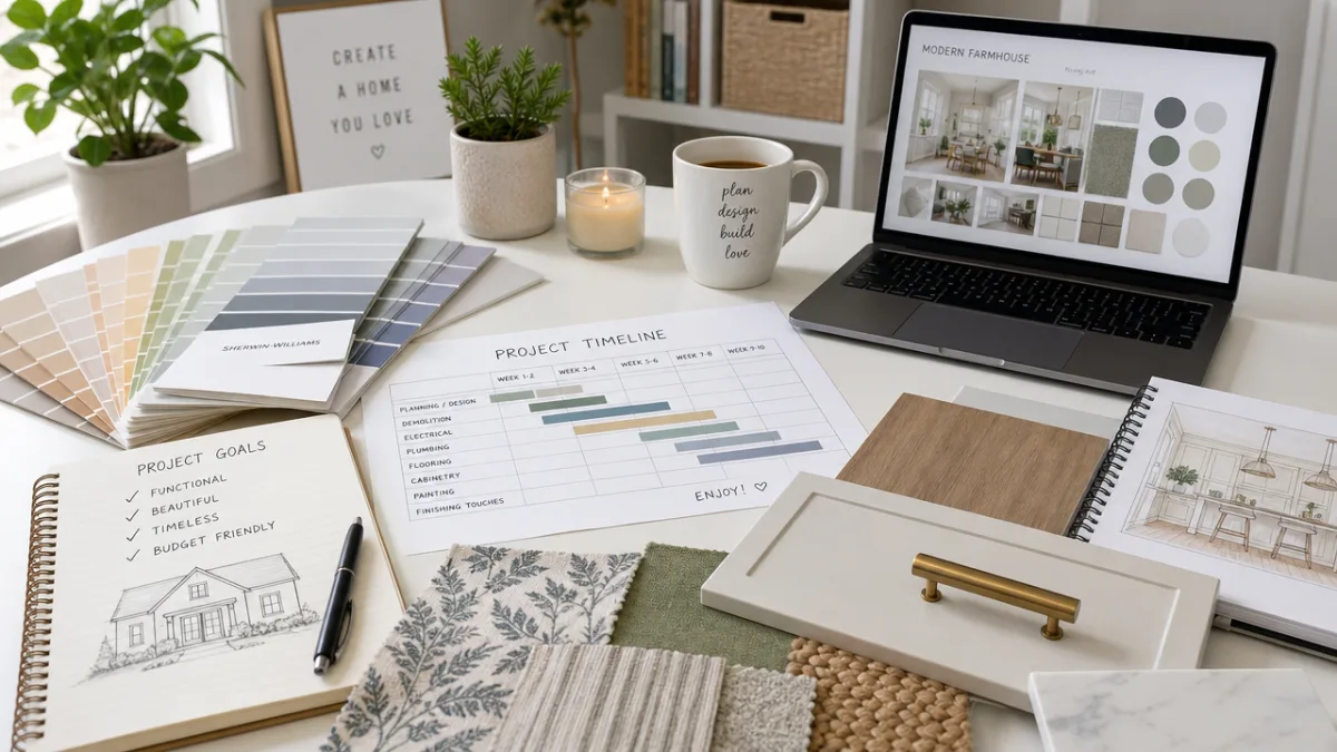 a bright and organized home renovation planning space with color swatches, fabric…