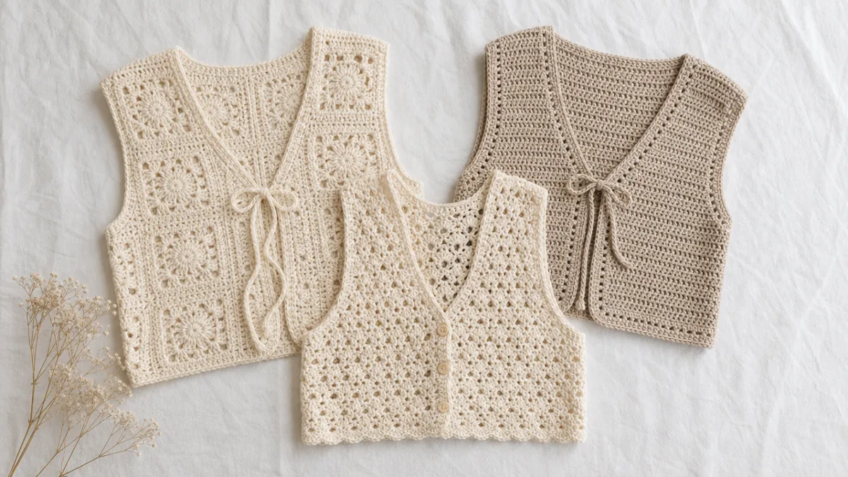 a flat lay of neutral crochet vests in cream and oatmeal tones…