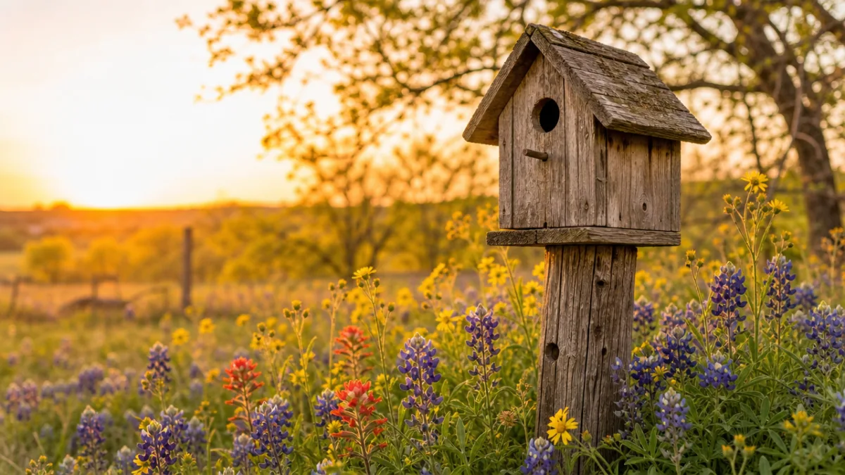 a rustic wooden birdhouse mounted on a weathered post surrounded by spring…