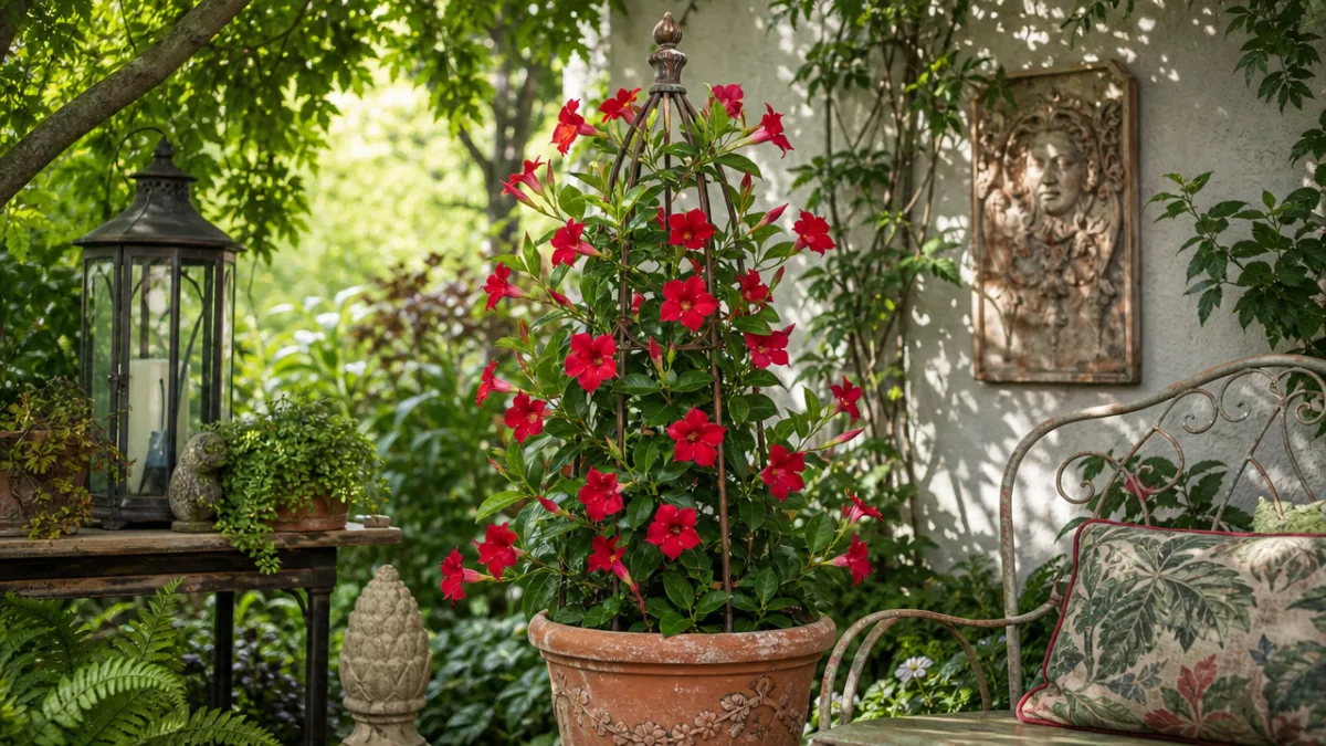 a creative garden vignette with mandevilla climbing an ornate metal obelisk in…