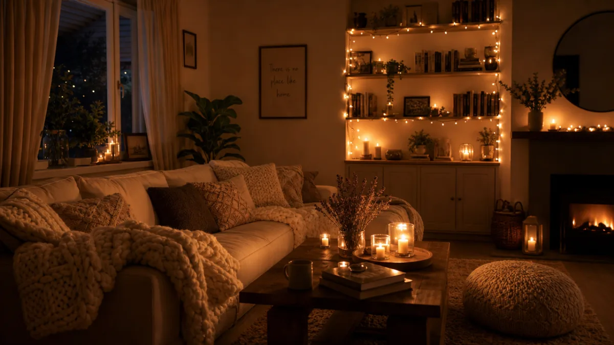 a softly lit living room at night with glowing candles, chunky knit…