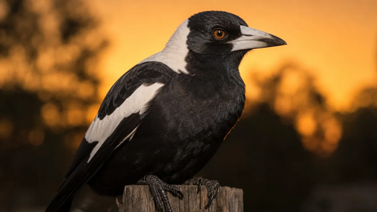 a close-up portrait of an Australian magpie on a fence post at…