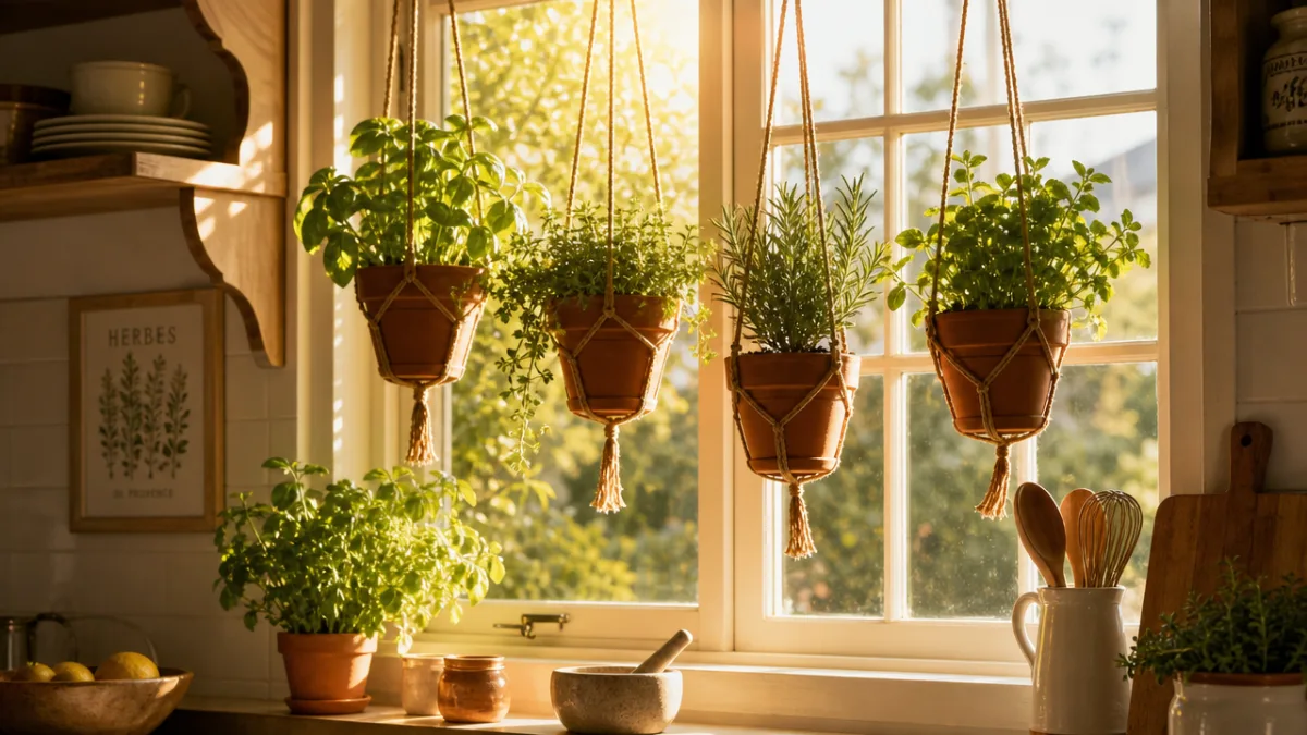 a sunlit kitchen window with hanging potted herbs in terracotta pots, warm…