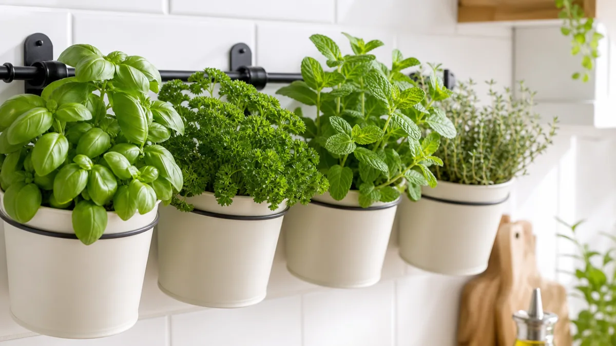 close-up of fresh green herb pots hanging on a white kitchen wall,…