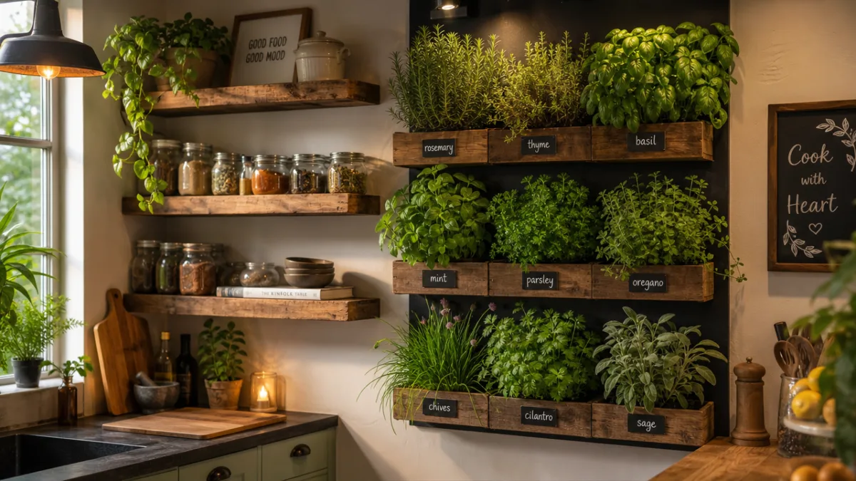 a cozy kitchen corner with a thriving vertical herb garden, warm ambient…