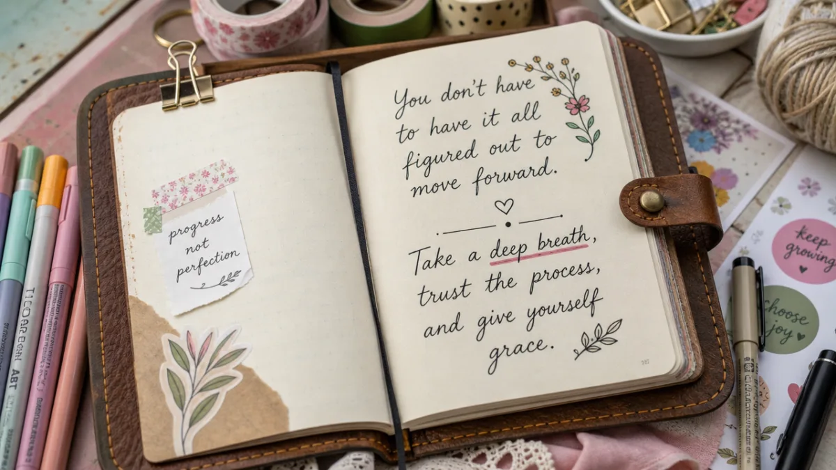 a close-up of handwritten inspirational quotes in a leather journal surrounded by…
