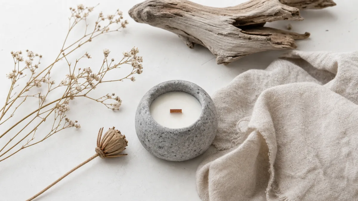 styled flat lay of stone candle with dried botanicals, linen fabric, and…