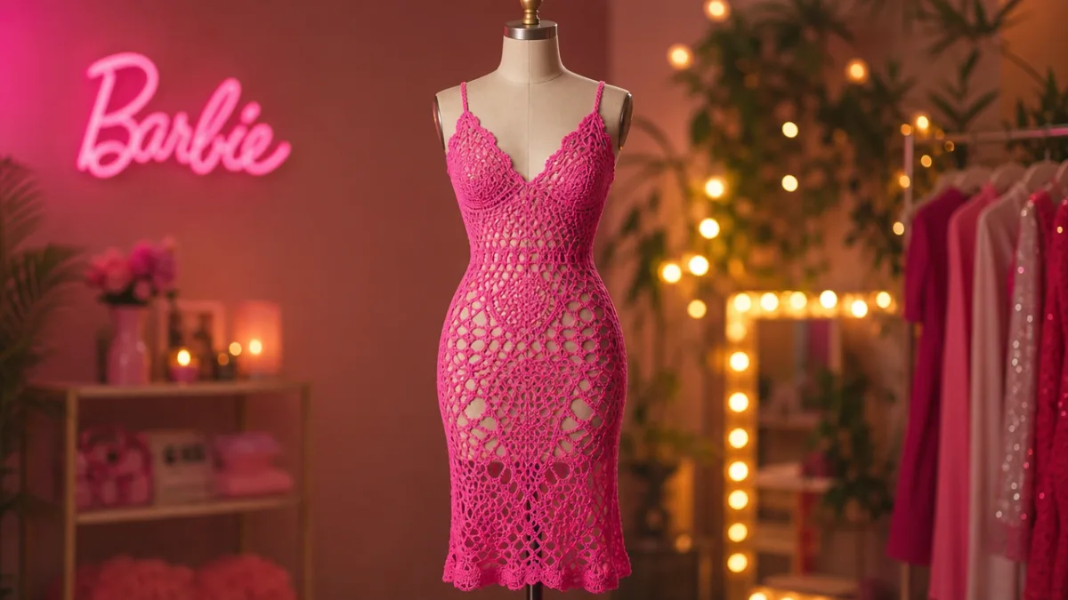 a vibrant Barbie pink crochet sheer dress on a mannequin, warm studio…