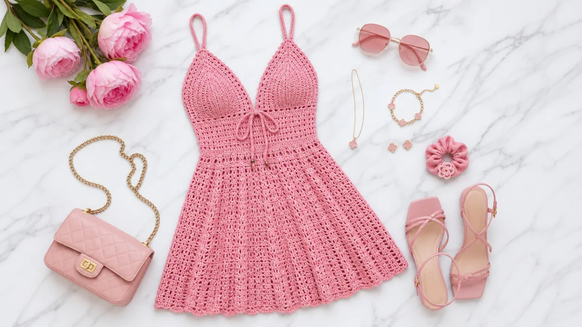 a styled flat lay of pink crochet dress with matching accessories on…