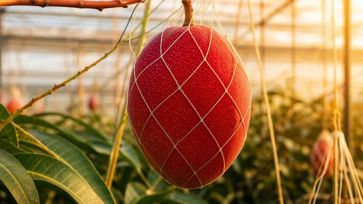 a single perfect deep-red Miyazaki mango hanging from a vine net in…