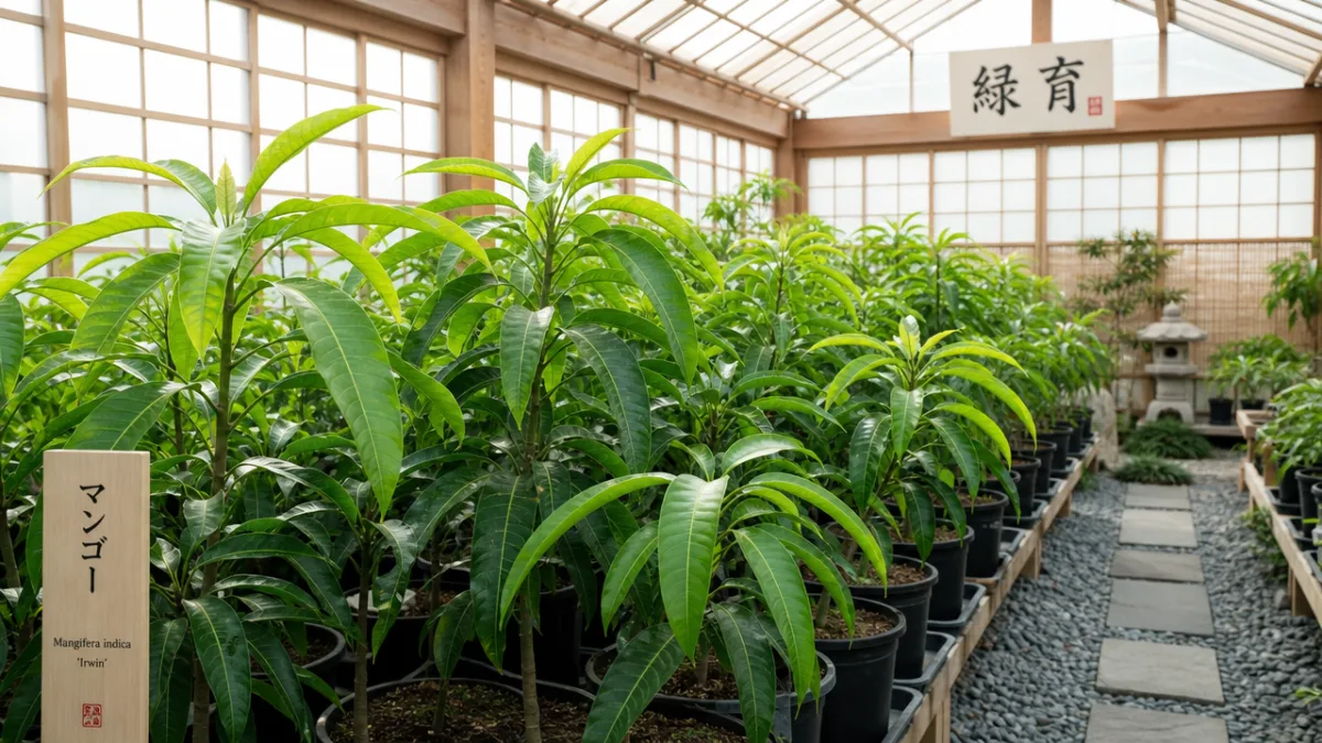 lush green mango tree saplings growing in a bright Japanese-style greenhouse with…