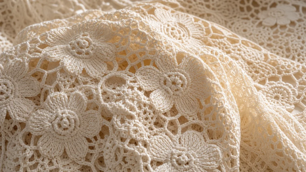 a close-up of intricate cream crochet flower fabric draped elegantly, soft natural…