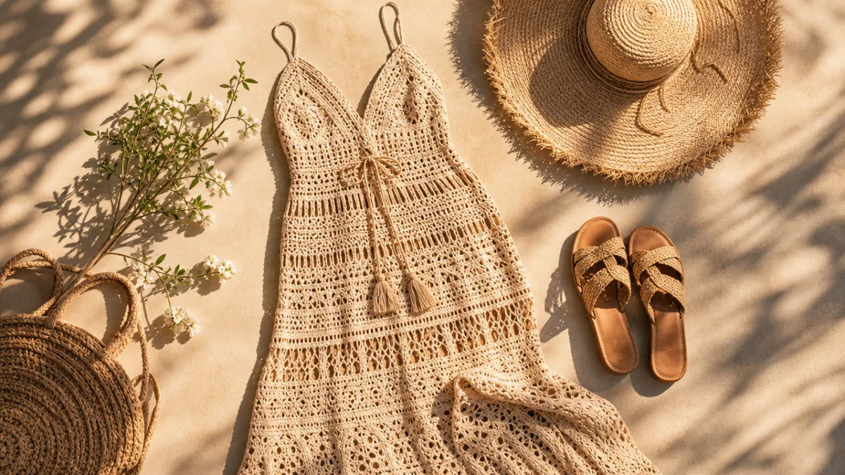 a styled flat lay of crochet maxi dress with woven sandals and…