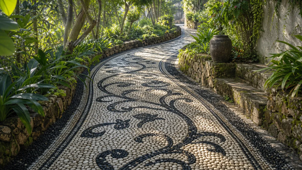 a beautifully finished risseu cobbled garden path with intricate black and white…