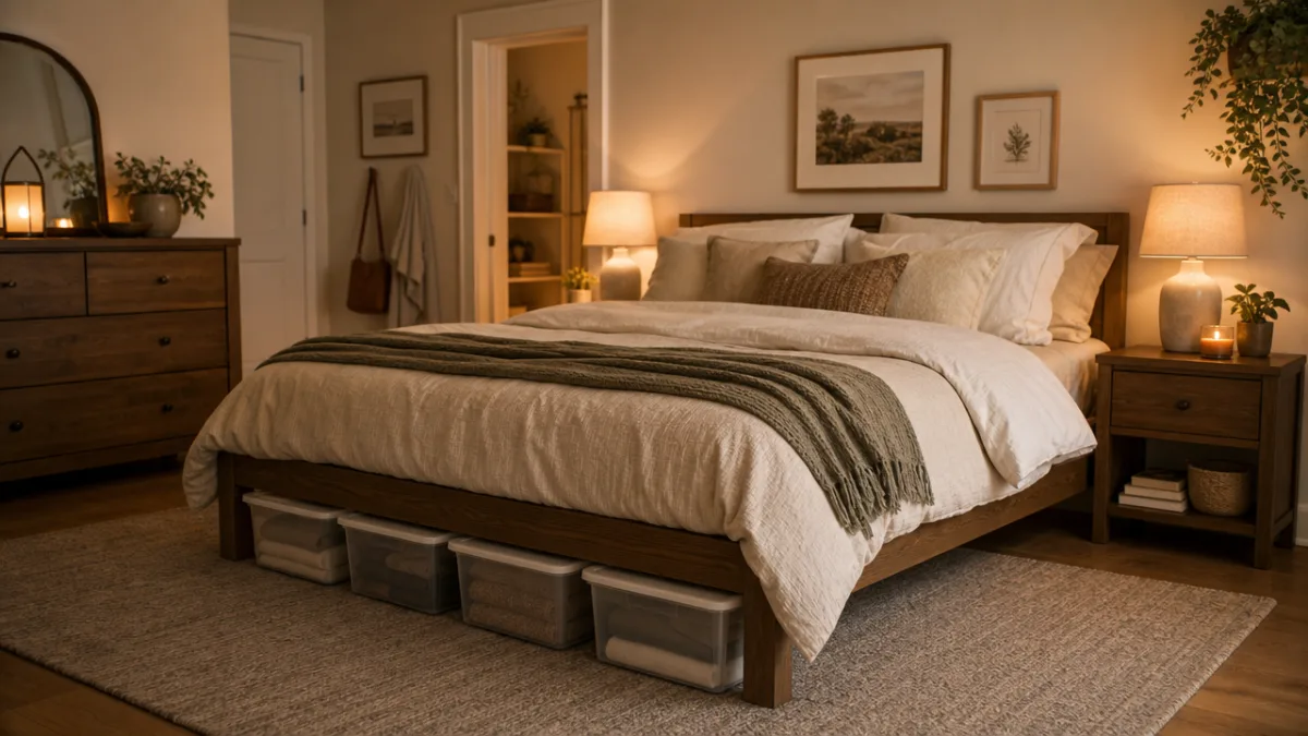 a cozy bedroom with under-bed storage containers visible, warm ambient lighting and…
