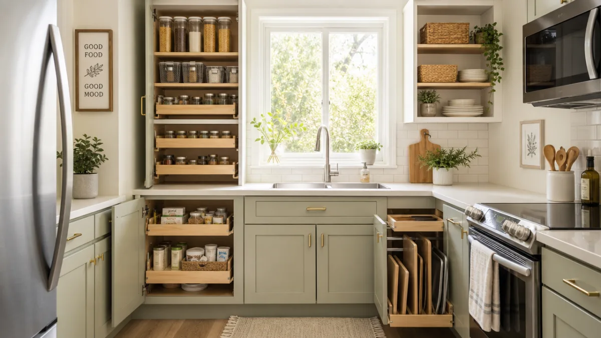 a small organized kitchen with cabinet organizers, bright natural light streaming through…