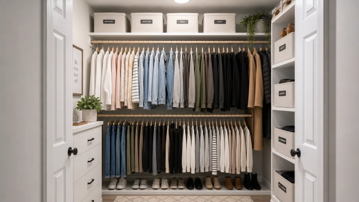 a neatly organized small closet with double hanging rods and labeled storage…