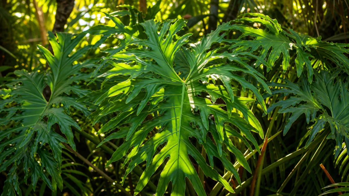 a lush tropical plant with deeply lobed green leaves in dappled warm…
