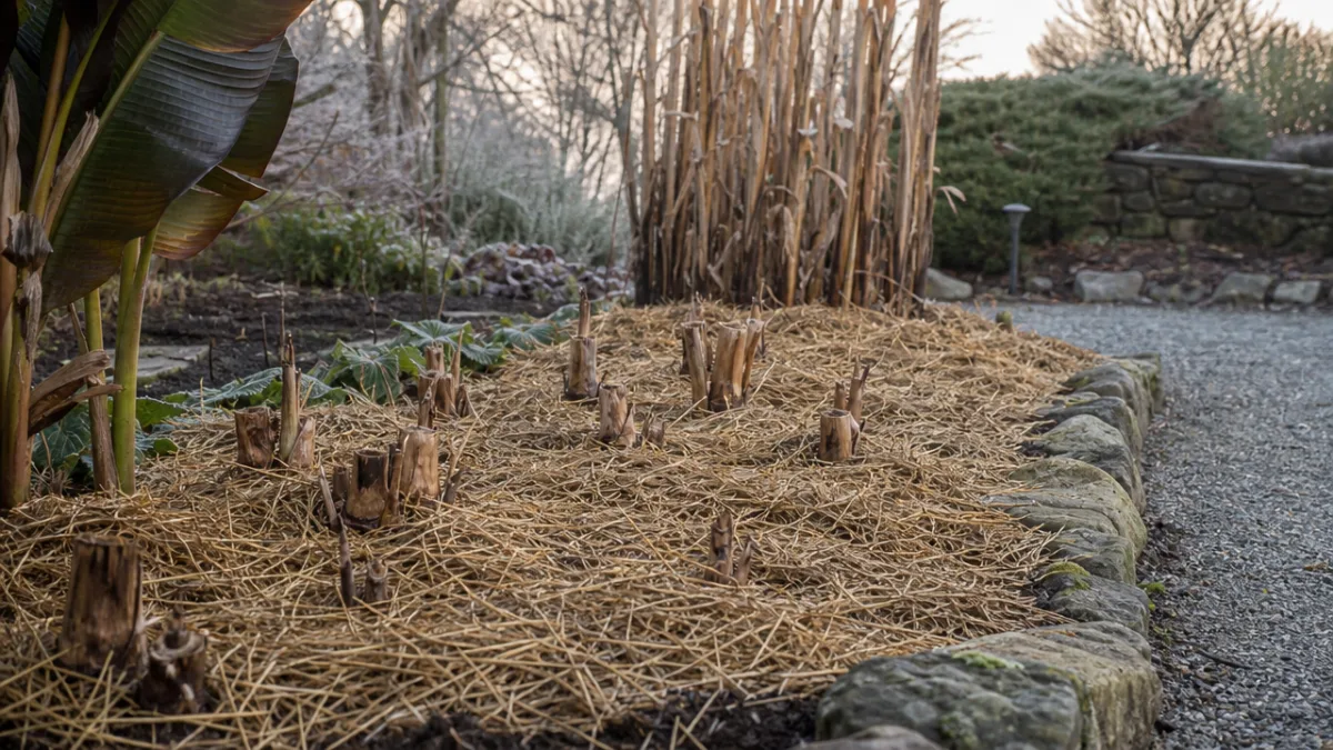 a garden bed with dormant tropical plant roots mulched with straw, soft…