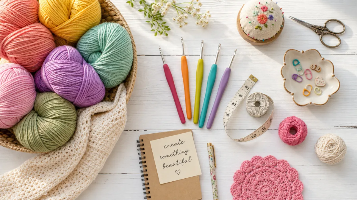 a flat lay of colorful cotton yarn skeins, crochet hooks, and sewing…