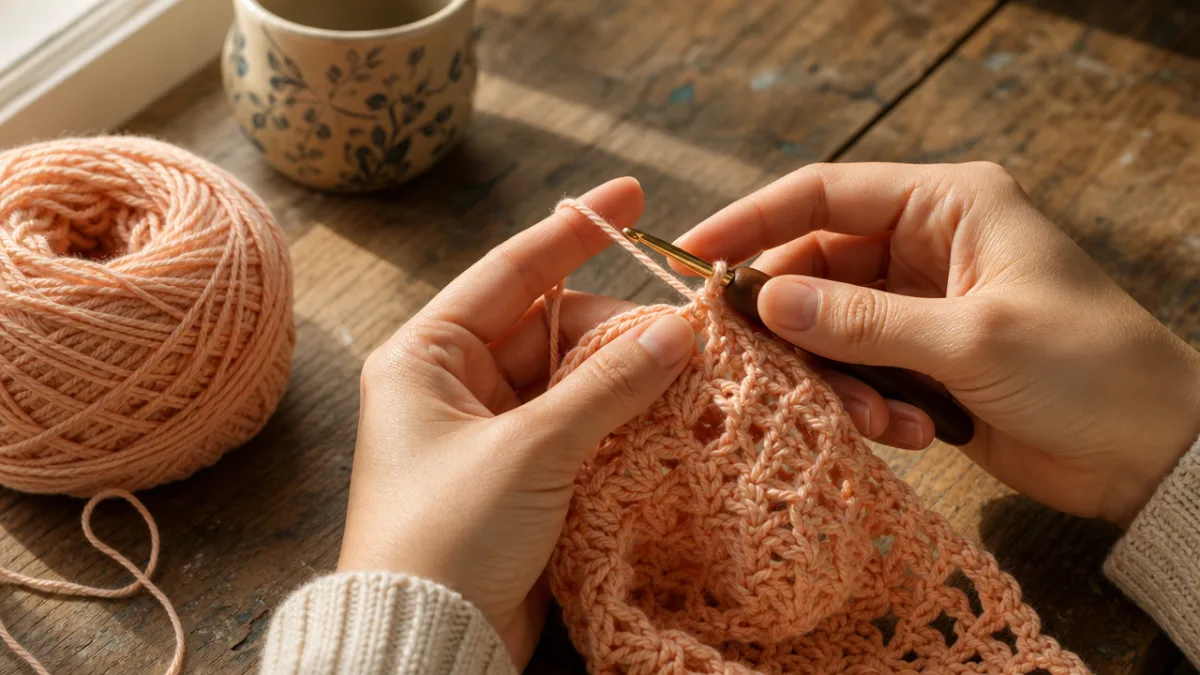 close-up of hands crocheting with soft peach cotton yarn on a worn…