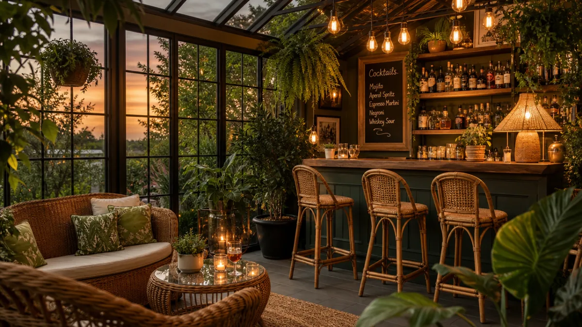 a sunlit garden room bar with lush green plants, rattan furniture and…
