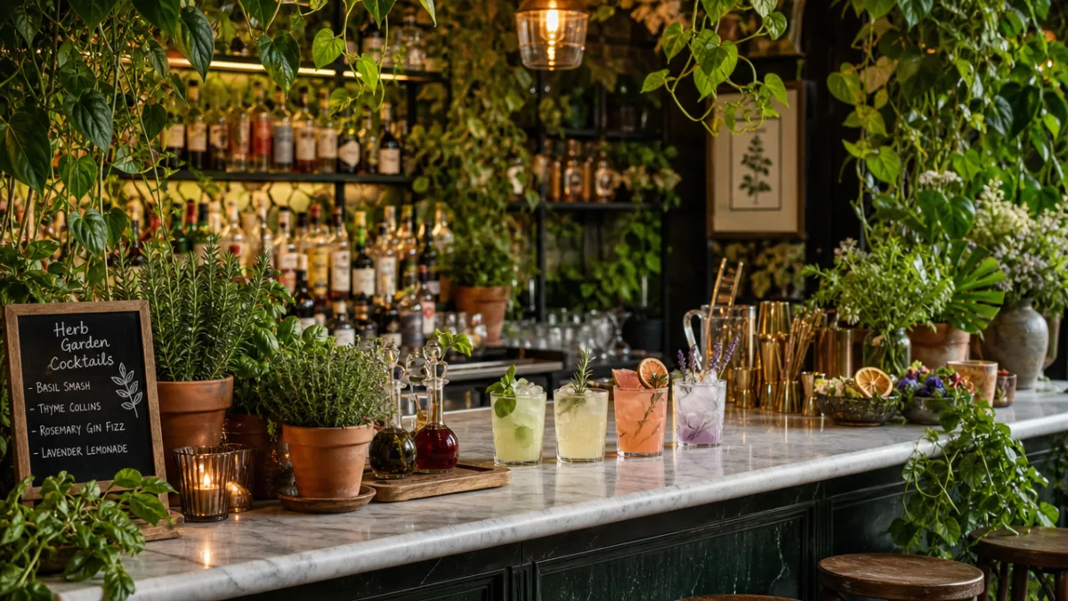 a lush indoor bar counter surrounded by trailing plants, herbs in terracotta…