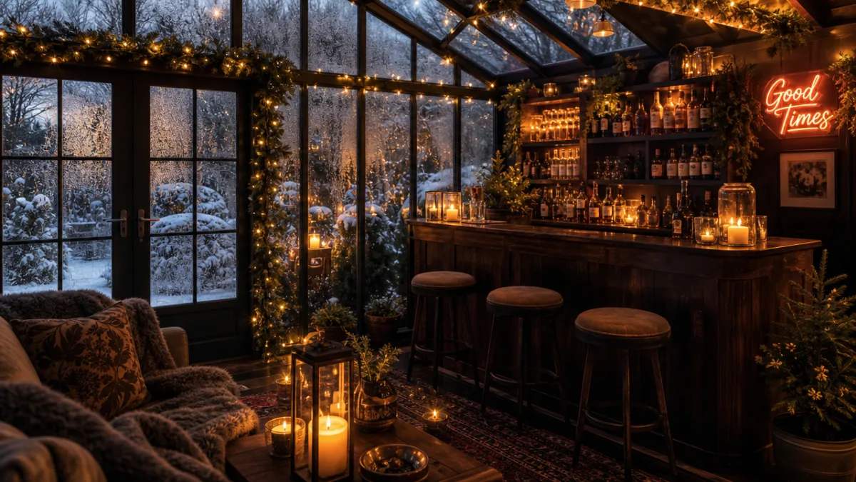 a cozy garden room bar glowing warmly in winter evening light with…