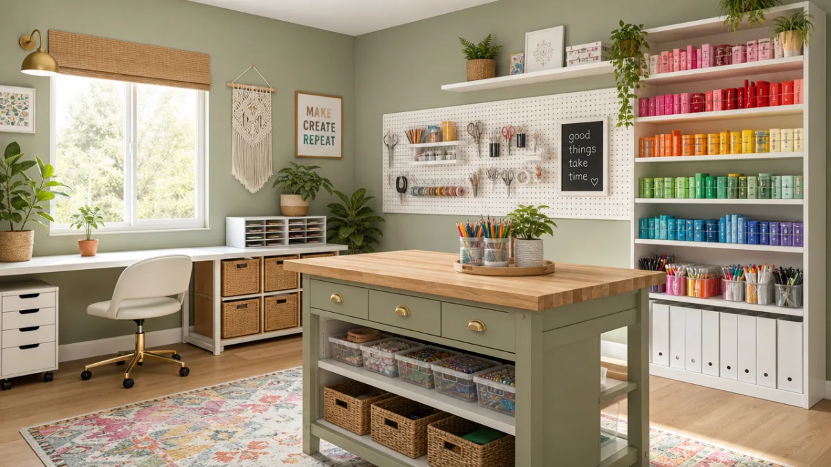 a bright modern craft room with sage green walls, pegboard, and rainbow-organized…