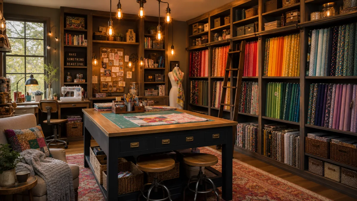 a cozy craft room with floor-to-ceiling shelving, warm Edison bulb lighting, and…