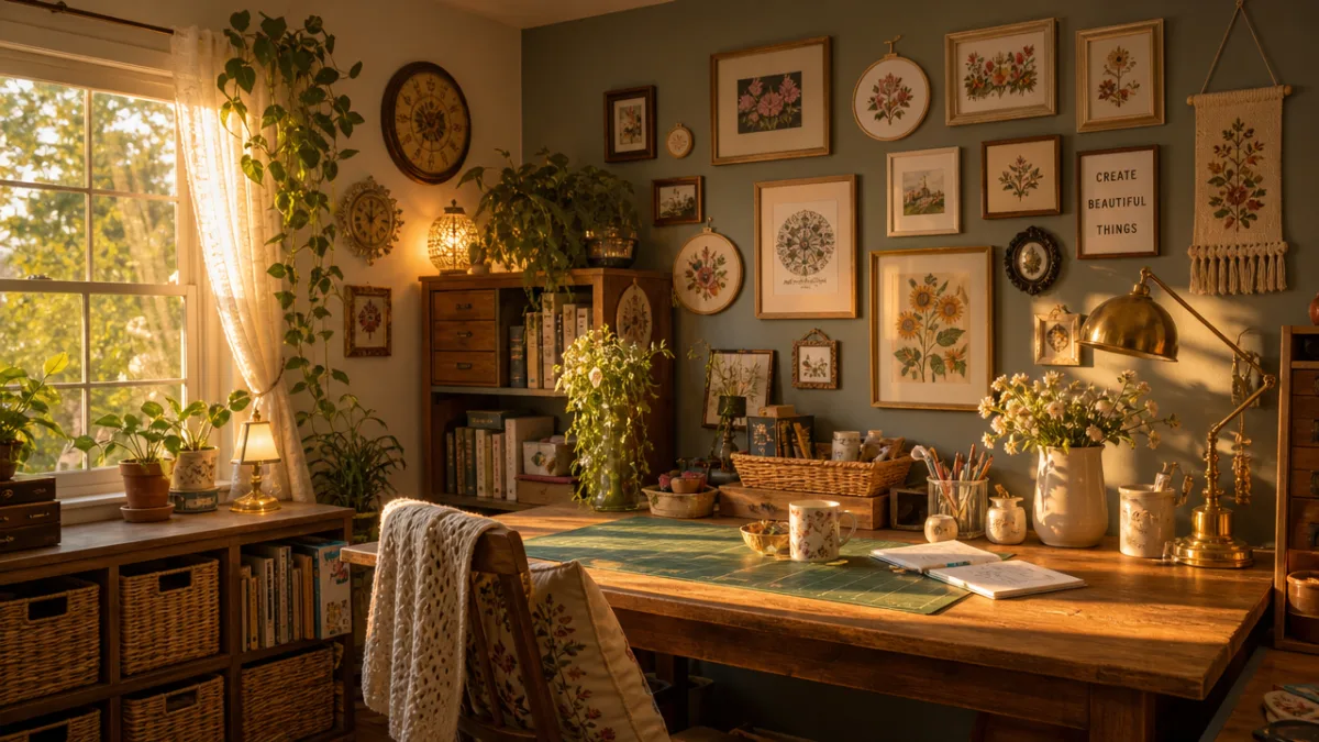 a warmly lit personal craft room with gallery wall of finished projects,…