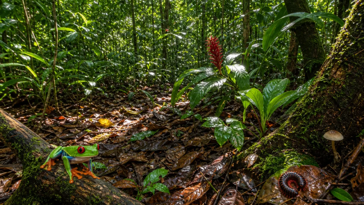 a vibrant tropical rainforest floor scene with dappled sunlight filtering through dense…