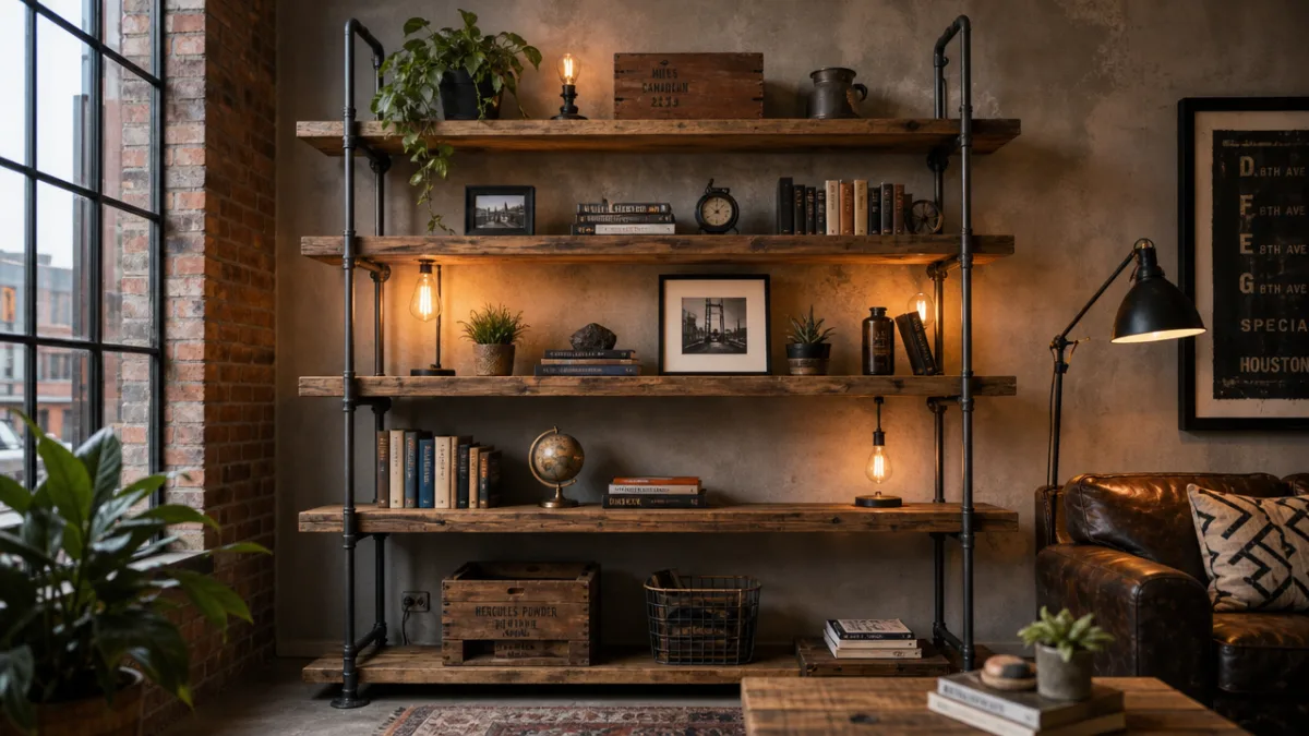 a DIY industrial pipe shelving unit with reclaimed wood, warm Edison bulb…