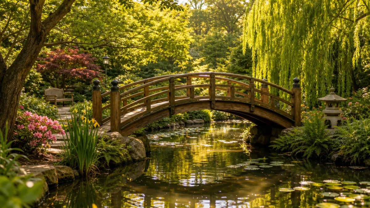 a charming wooden arched garden bridge over a small pond surrounded by…