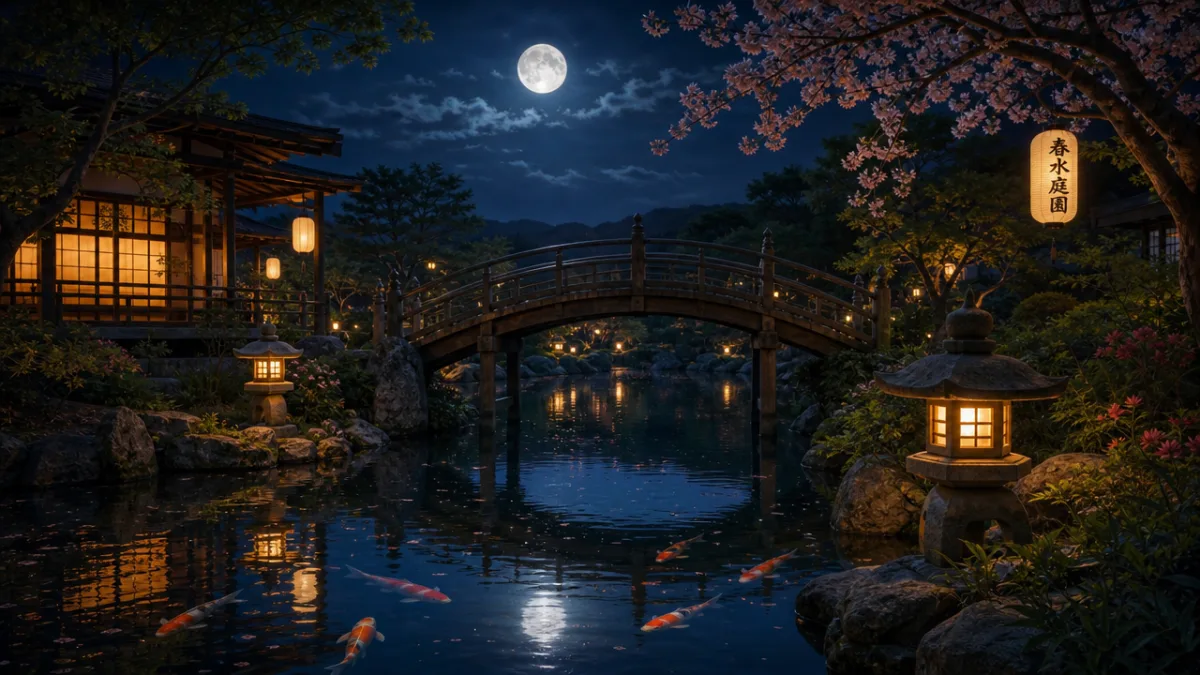 a moonlit Japanese-style garden bridge with lanterns reflecting on a still koi…