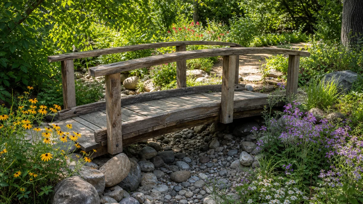 a rustic DIY wooden garden bridge over a dry creek bed with…