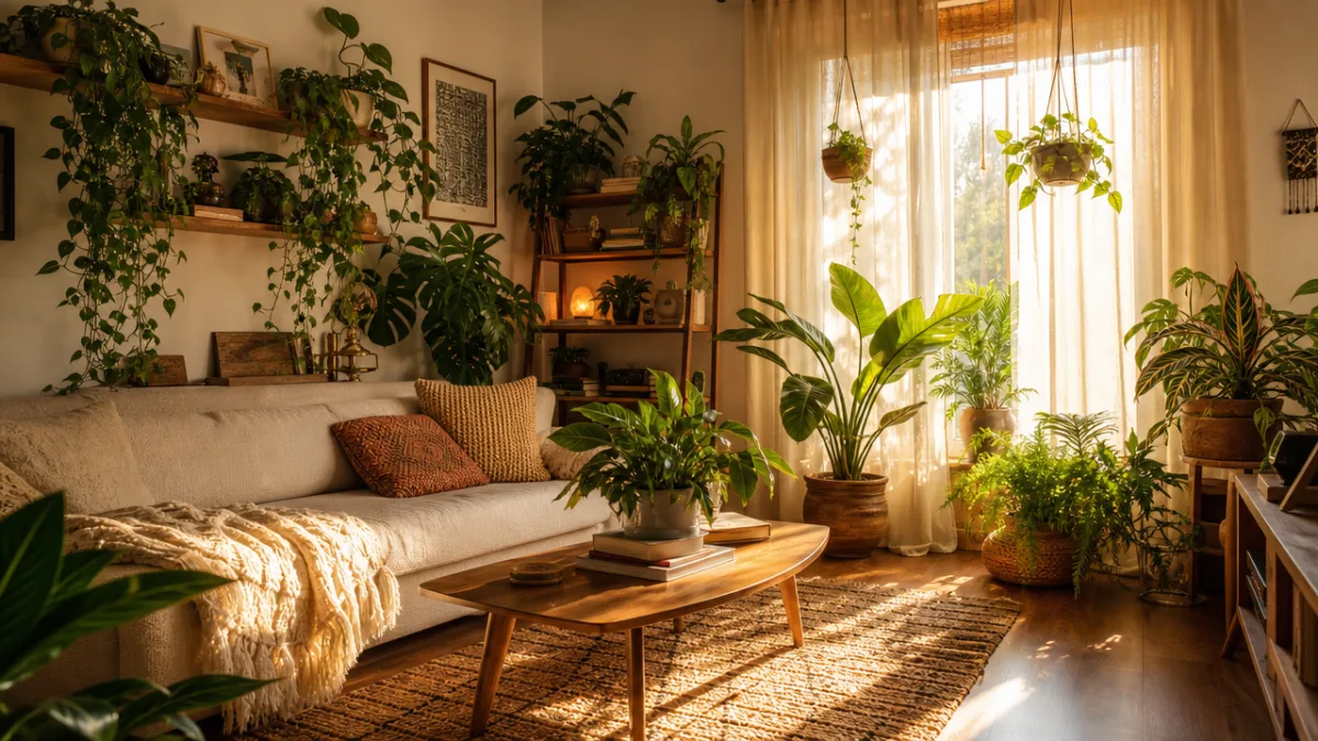 a warm cozy living room filled with lush green houseplants on shelves…