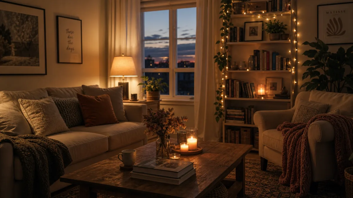 a softly lit cozy living room at dusk with warm lamp glow,…