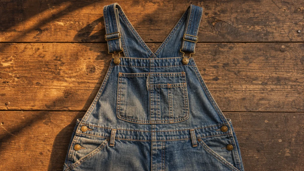 a flat lay of worn vintage denim overalls with brass hardware on…