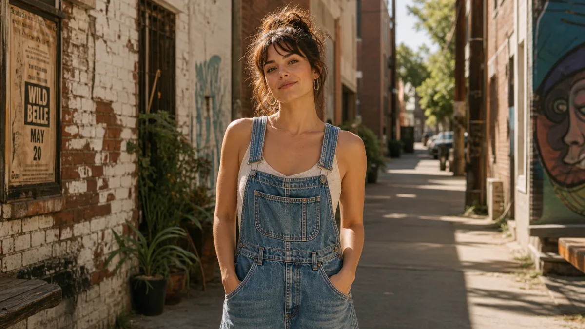 a confident woman wearing vintage denim overalls standing in a sunlit urban…