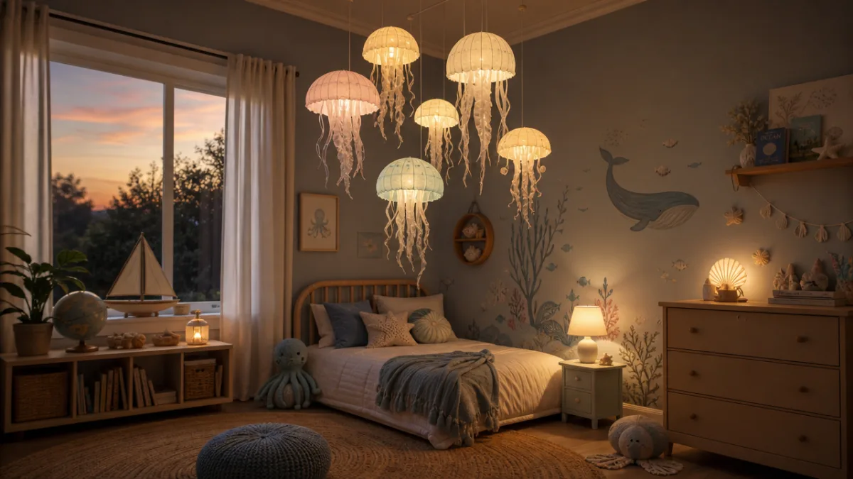 a beautifully styled child's bedroom with glowing paper jellyfish mobile hanging from…