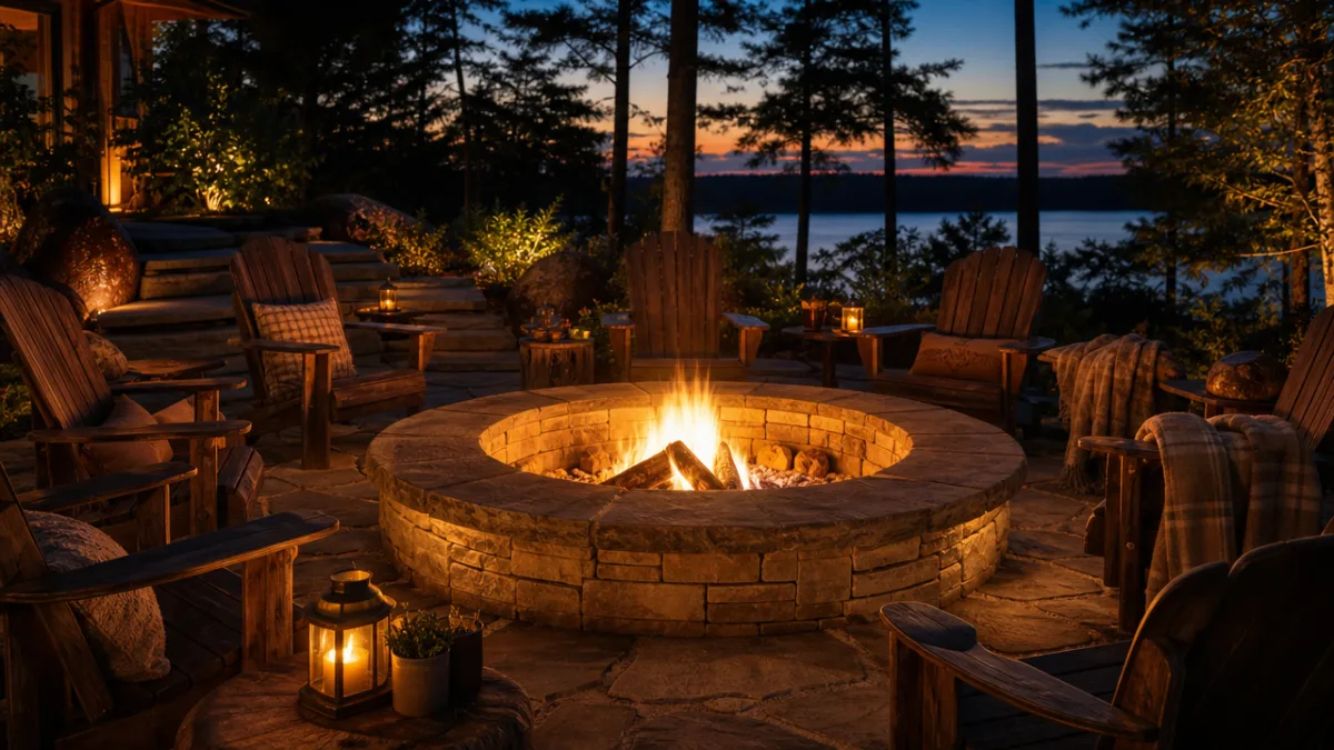 a beautifully lit in-ground stone fire pit at dusk surrounded by rustic…