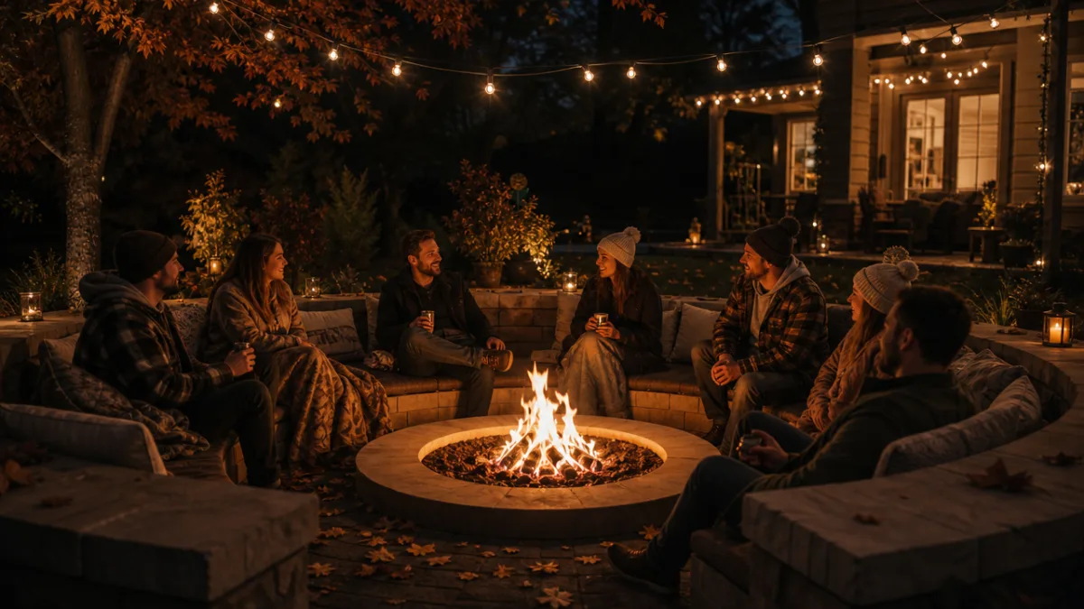 a glowing in-ground fire pit surrounded by friends on a cool autumn…