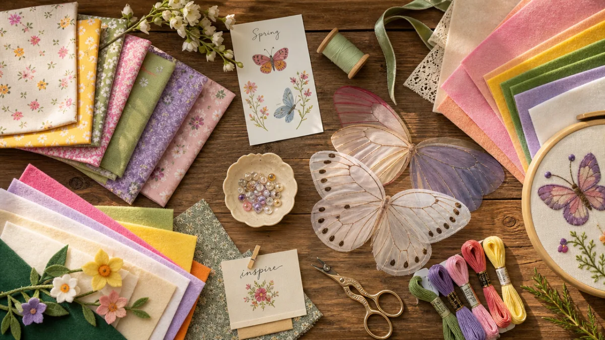 a flat lay of spring craft supplies including colorful fabric swatches, felt…