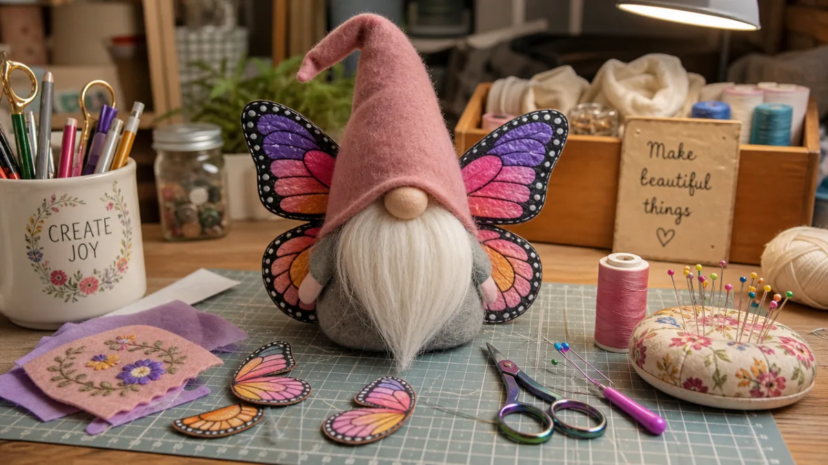 a gnome craft project in progress on a craft table with colorful…