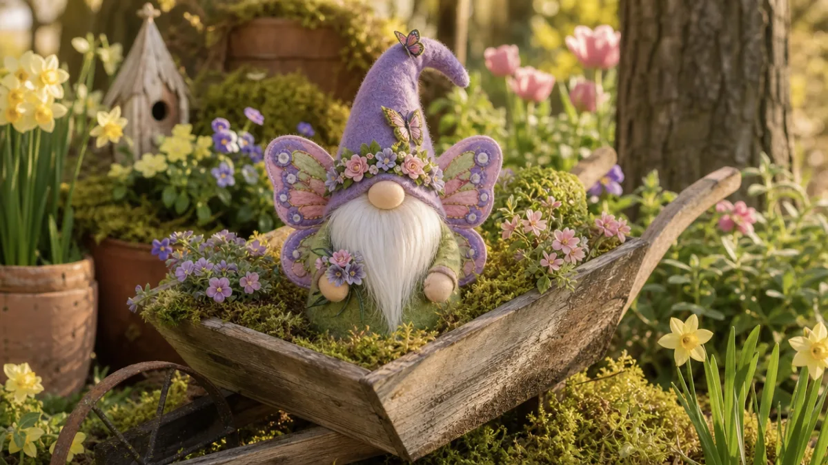 a finished butterfly gnome displayed in a rustic wooden wheelbarrow surrounded by…